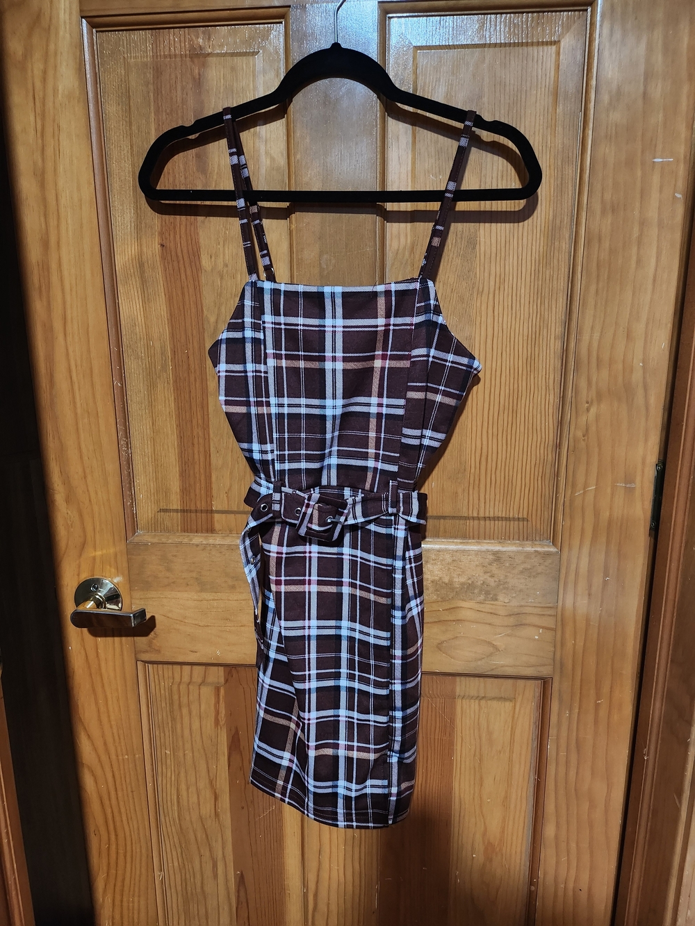 Plaid Brown Belted Spaghetti Strap Dress